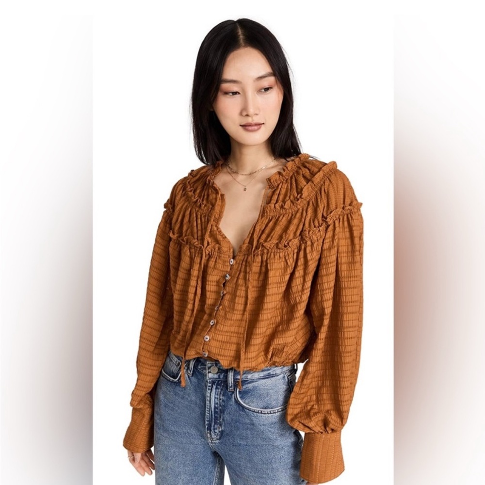 Free People Hailey Glazed Ginger Button Down Ruffle Puff Sleeve Top